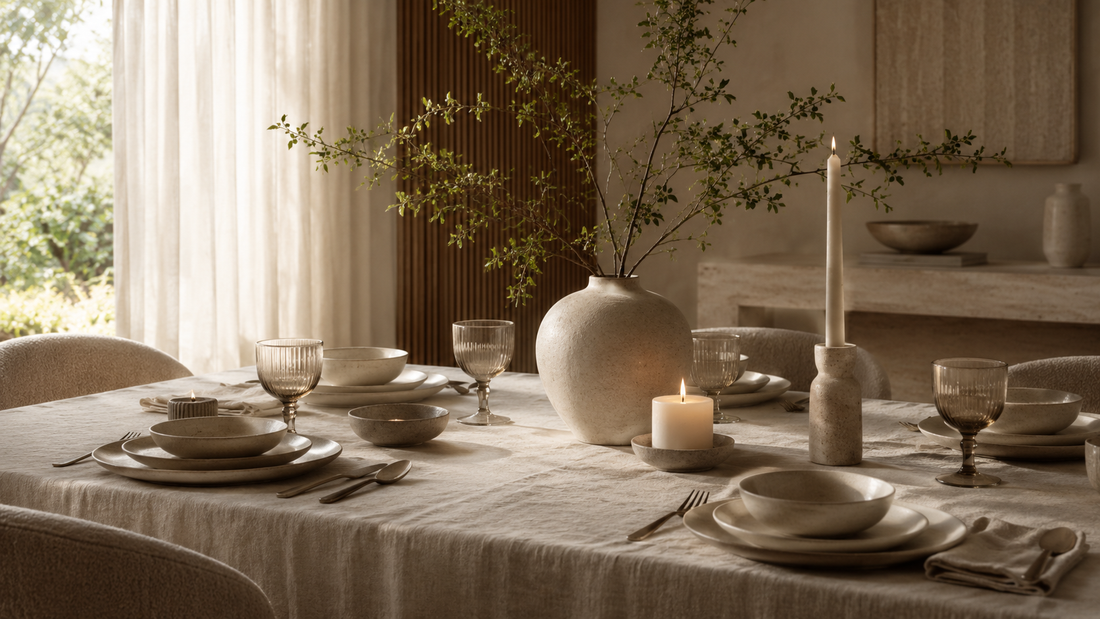 Mesa elegante con decoración de diseño y piezas exclusivas ELEHOMEDESIGN